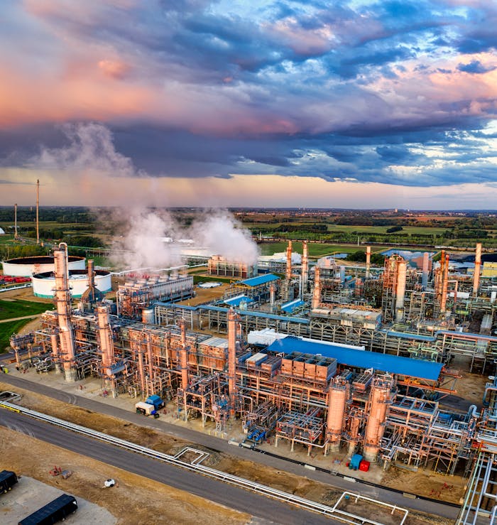 Aerial View of an Oil Refinery at Sunset